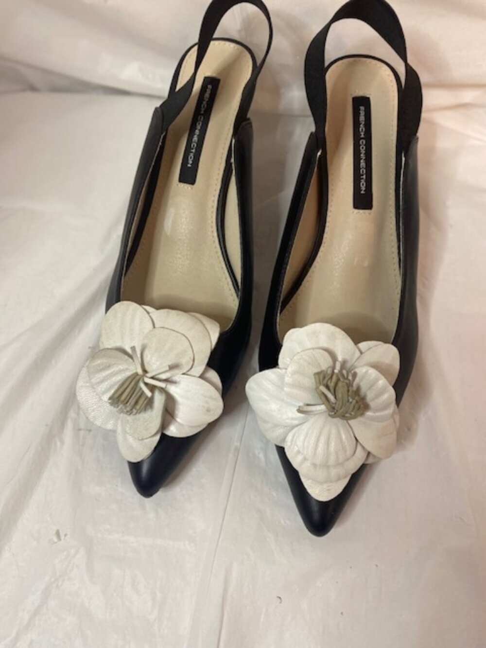 French Connection Black Pointed Toe Slingback Heels with Cream Flower, Size 8